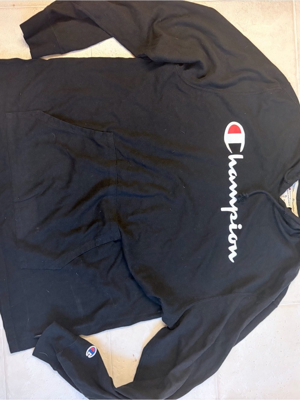 Champion Black Hoodie with White Script and Red C